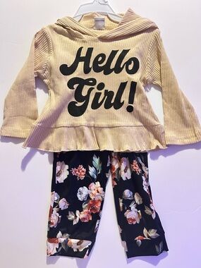 Hello Girl! Khaki  Hoodie & Floral Leggings Set